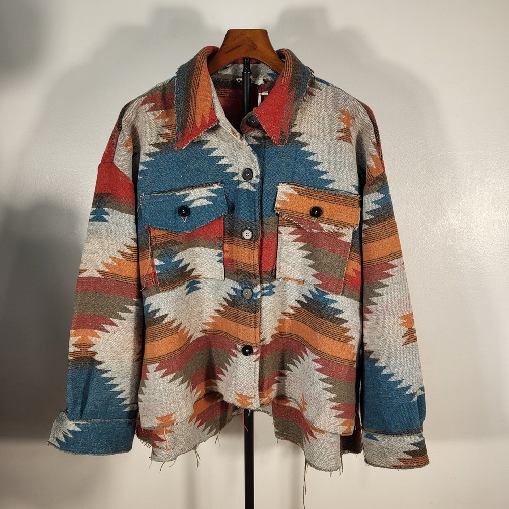 La Miel Aztec Print Shacket Womens Medium Blue Rust Southwestern JKT1713 NWT